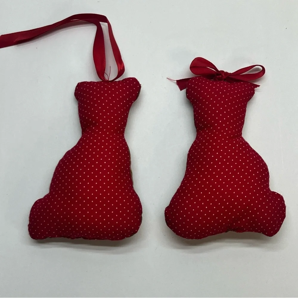 vinage christmas fabric plush teddy bears brown red ribbon pair‎ 4.5 inches